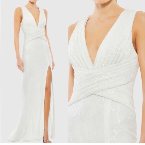 Mac Duggal Ieena White sequin Plunge Neck Sleeveless Gown evening wrap waist 6 - Picture 1 of 12